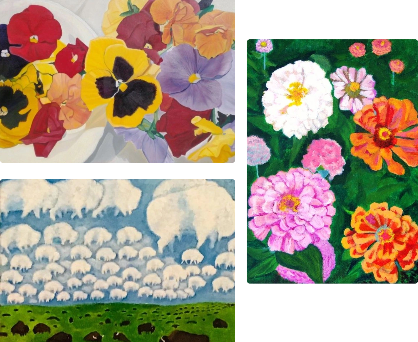 Colorful floral and sheep paintings collage