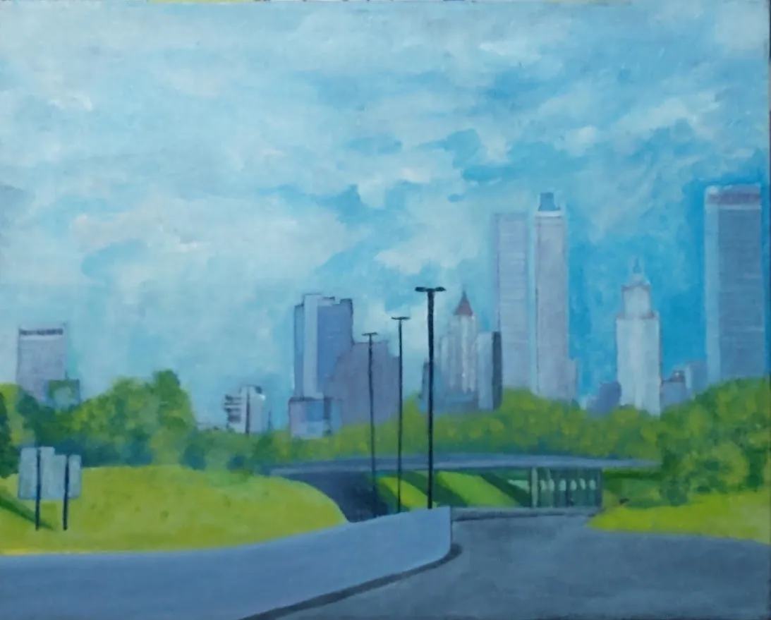 Painted city skyline with road and bridge