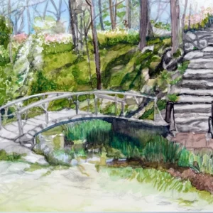 Watercolor footbridge over stream with stone steps
