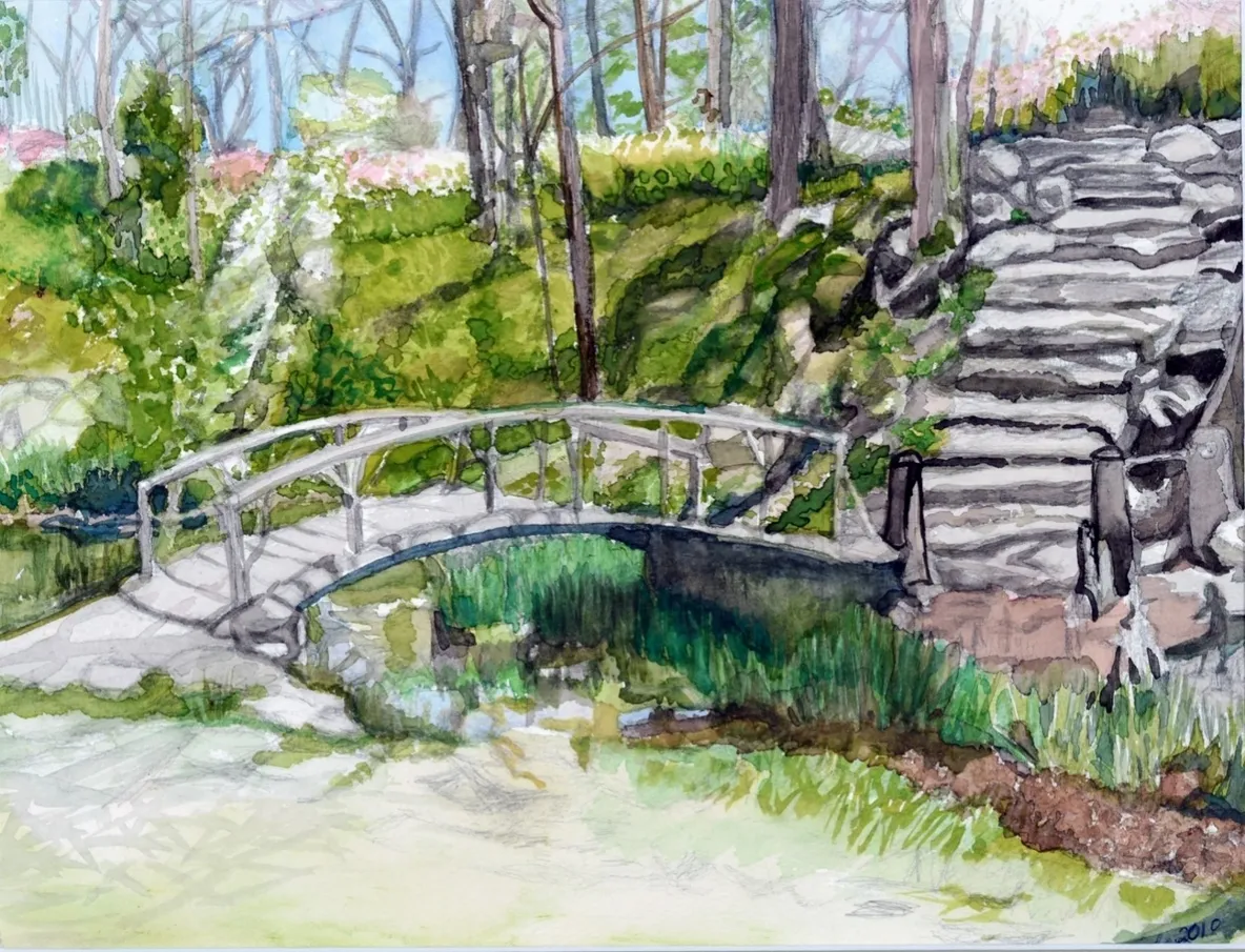 Watercolor footbridge over stream with stone steps