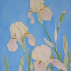 Watercolor pale irises on blue background