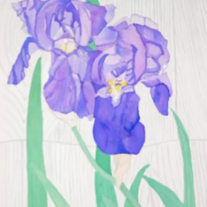 Watercolor painting of purple iris flowers
