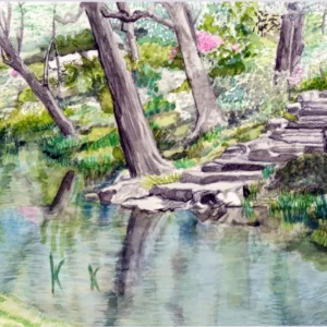 Serene garden pond with stone steps and trees