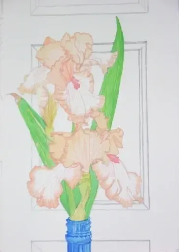 Peach iris bouquet in blue vase