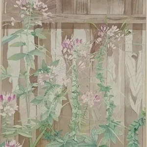 Pink wildflowers growing against wooden fence