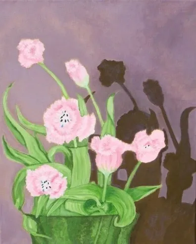 Pink flowers in green vase with shadows