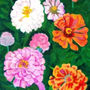 Colorful zinnias painting on green background