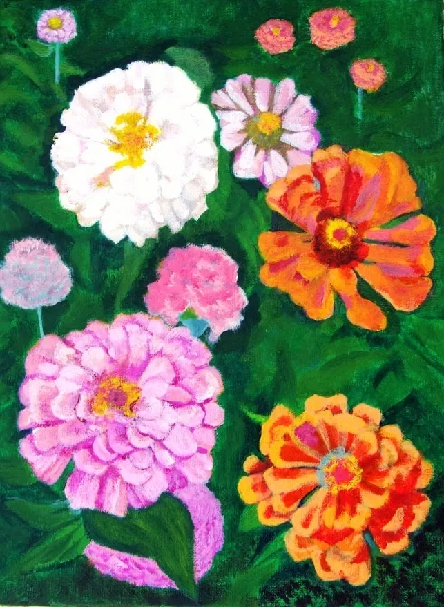 Colorful zinnias painting on green background