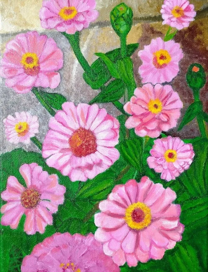 Painting of pink zinnia flowers