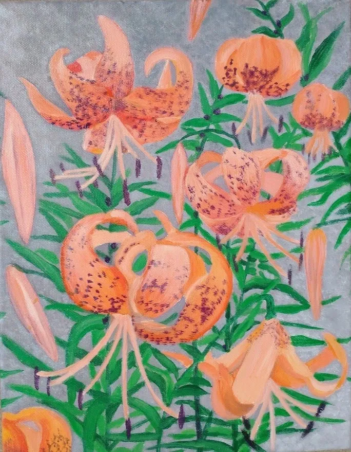 Orange tiger lilies painting with green leaves