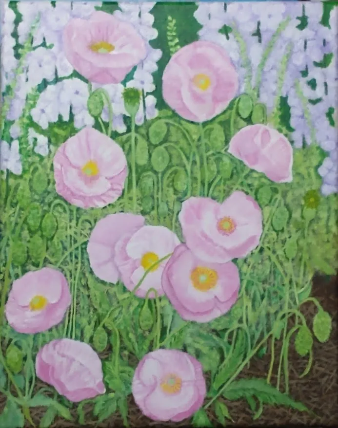 Painting of pink wildflowers in garden