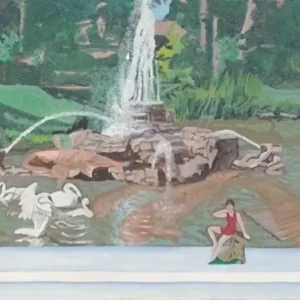 Open window framing fountain, swans, seated woman
