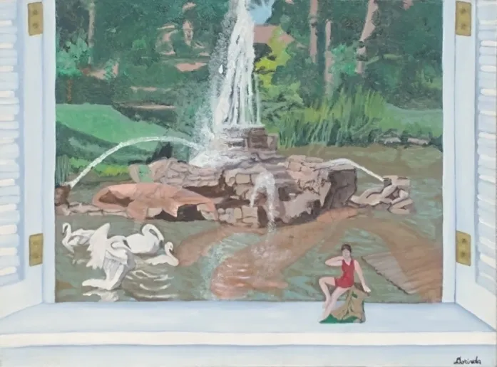Open window framing fountain, swans, seated woman