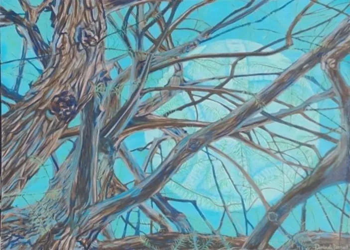 Stylized tree branches against bright blue sky