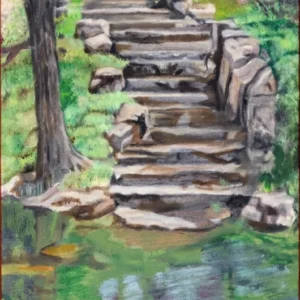 Stone steps rising from pond in garden