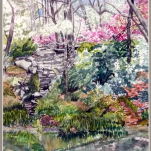 Watercolor spring garden with stone bridge