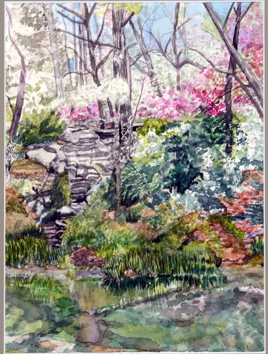 Watercolor spring garden with stone bridge