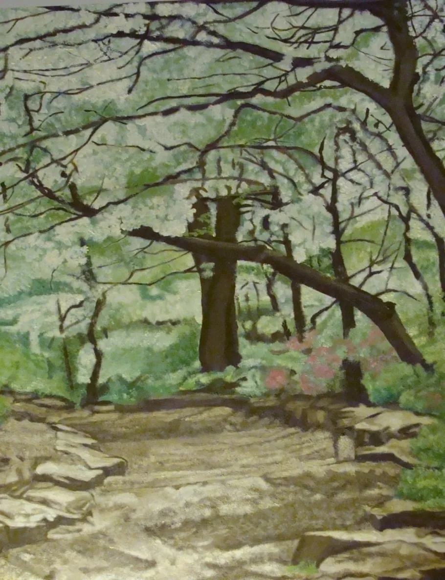 Wooded forest path with large central tree