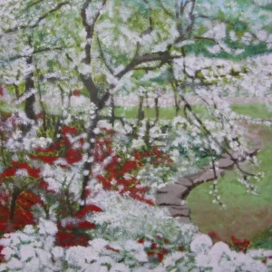 Spring blossoms and winding garden path