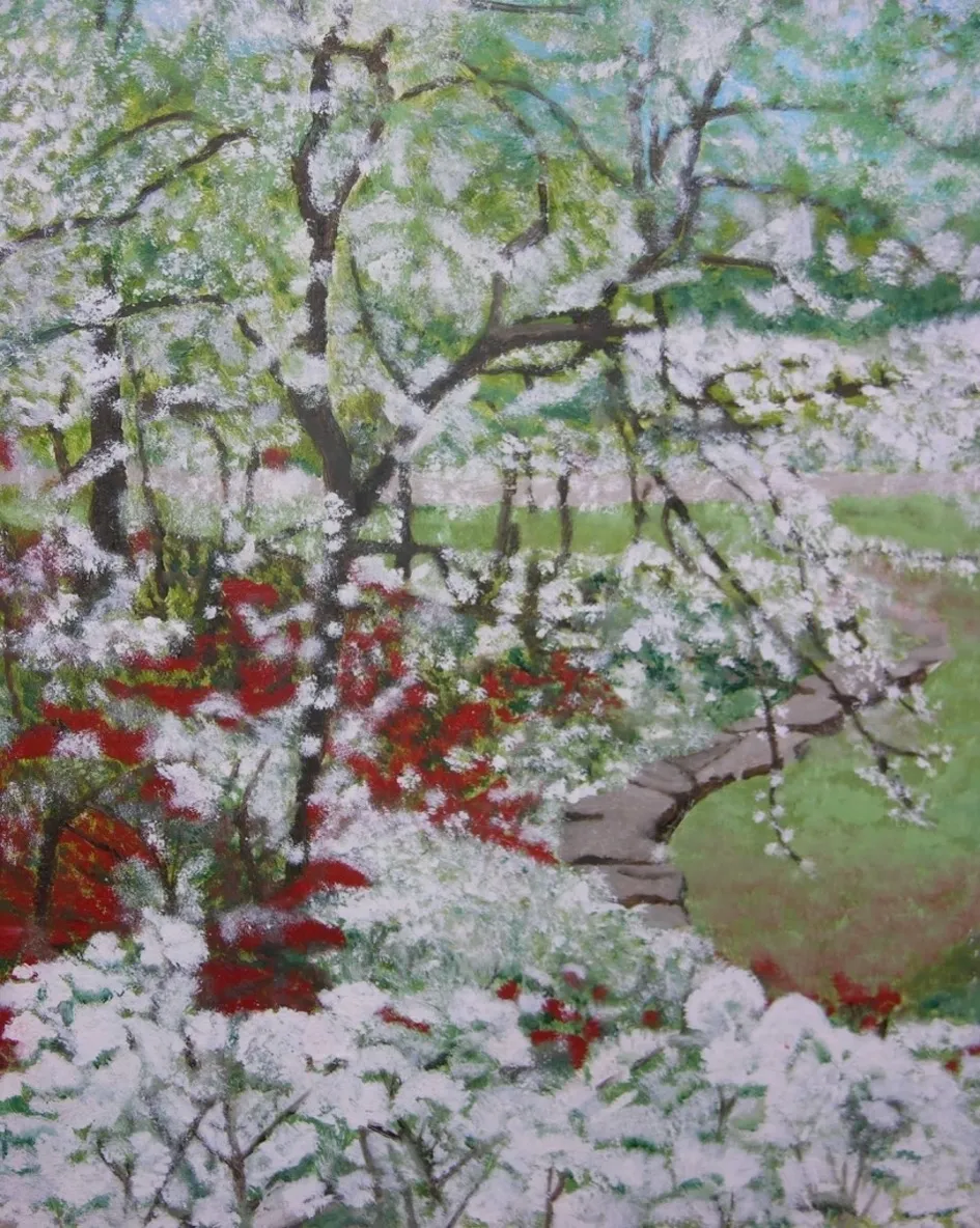 Spring blossoms and winding garden path
