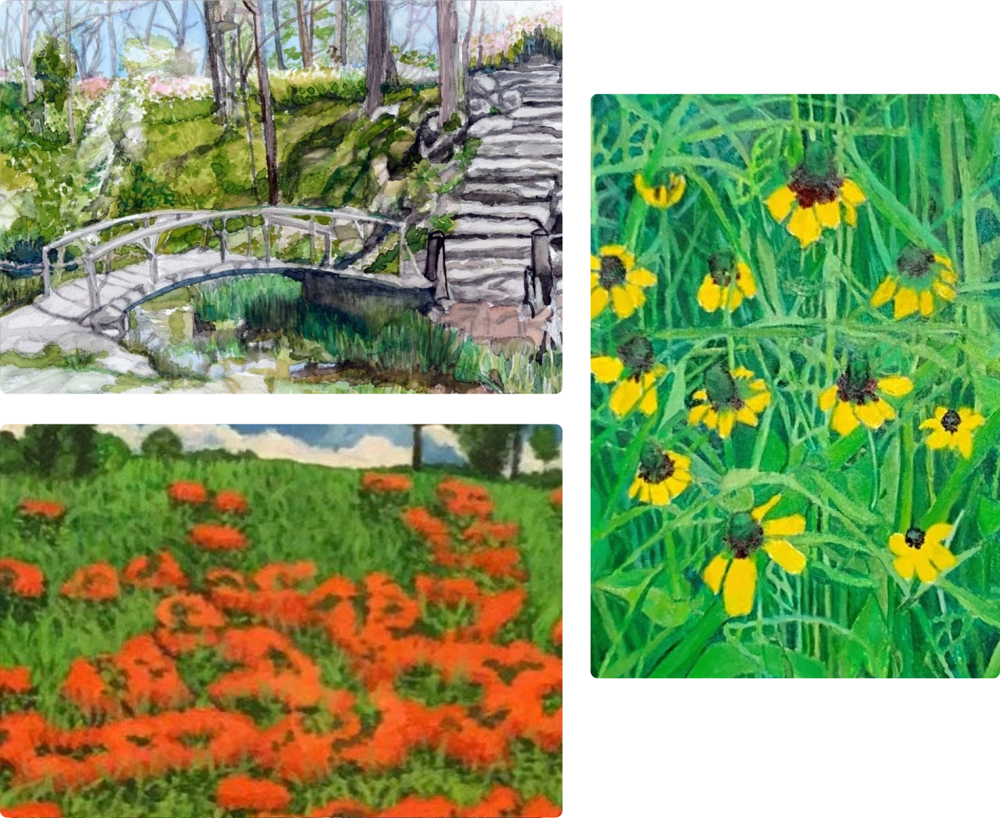 Triptych: bridge, yellow flowers, red flower field