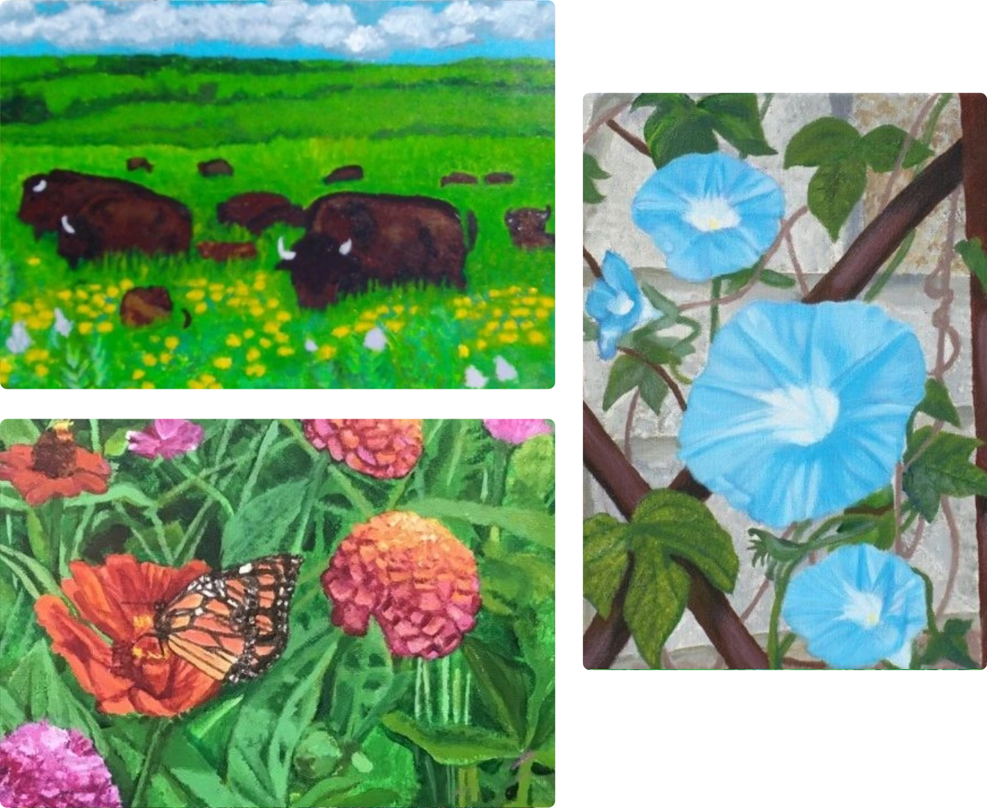 Collage of bison, butterfly, and morning glories